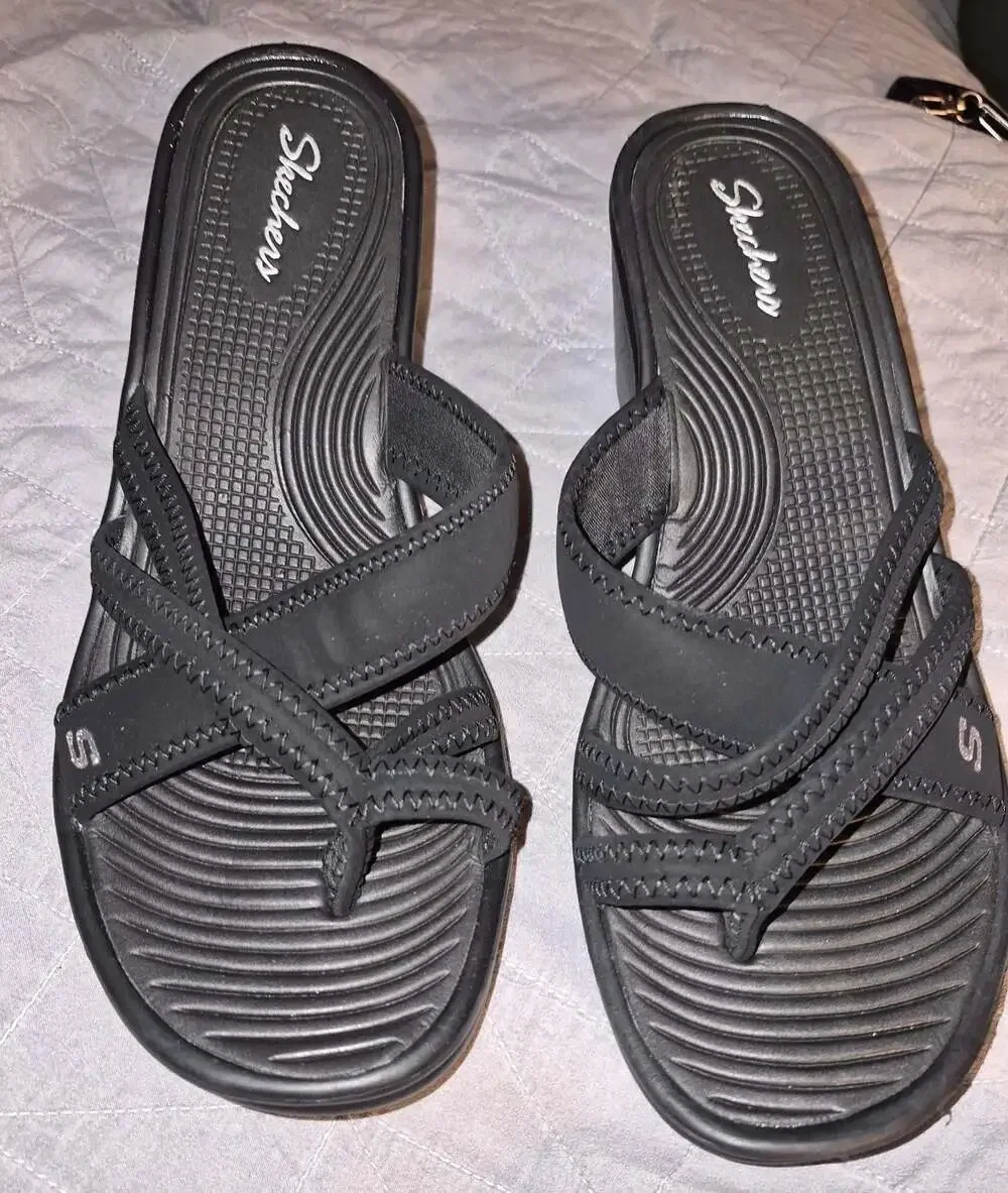 Skechers Cali Rumblers Sci Fi Black Wedge Sandals Size 11